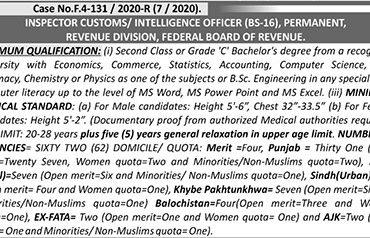 FPSC Custom Inspector Jobs 2020 Intelligence Officer Apply Online Eligibility