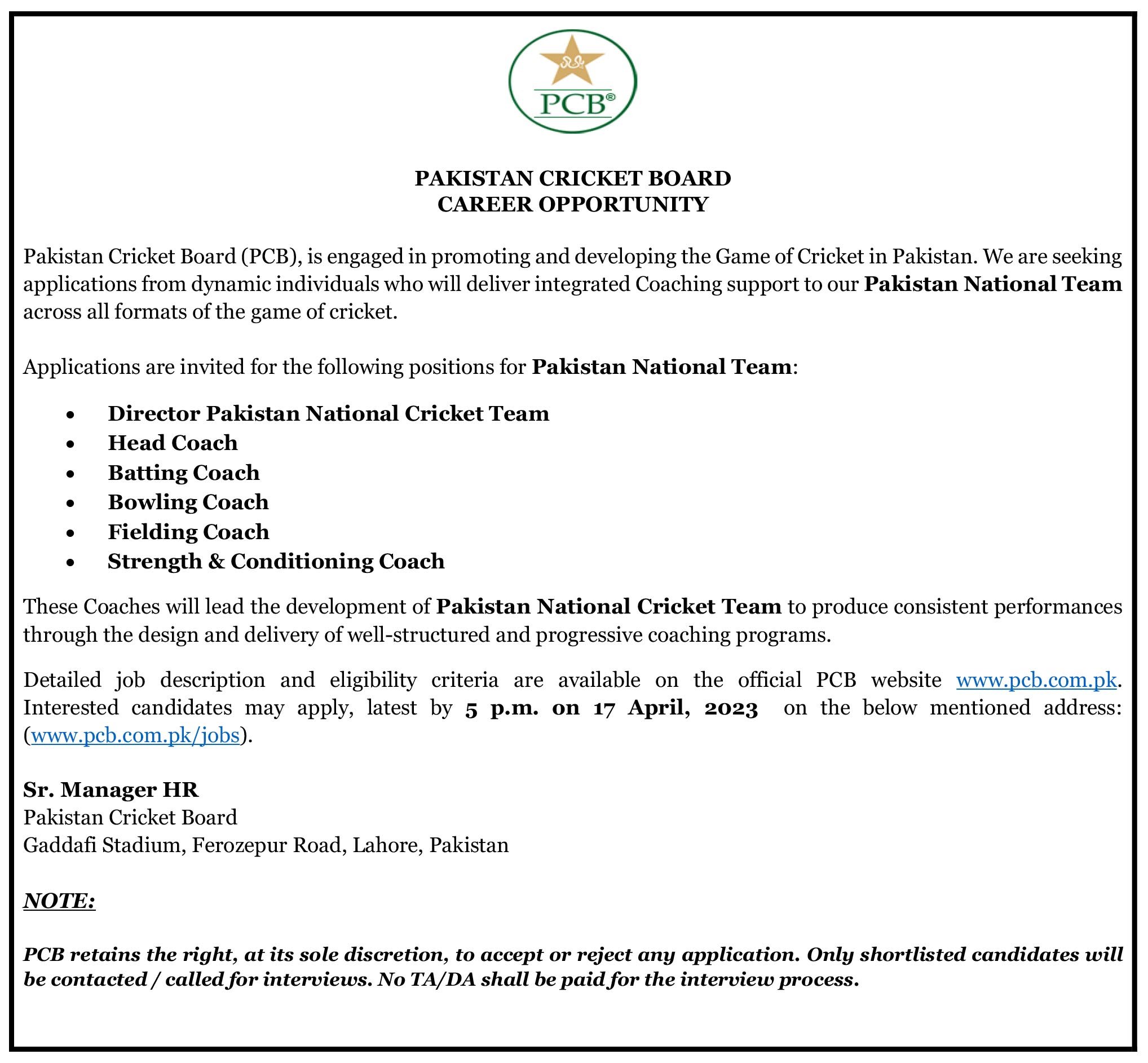 Pakistan Cricket Board PCB Jobs 2025 Latest Advertisement Last Date PCB Jobs Advertisement 2025