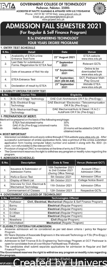 Government College of Technology Peshawar Merit List 2021