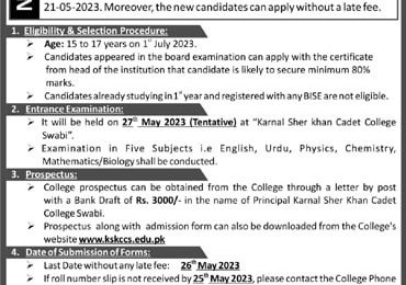 Karnal Sher Khan Cadet College Swabi Admission 2025