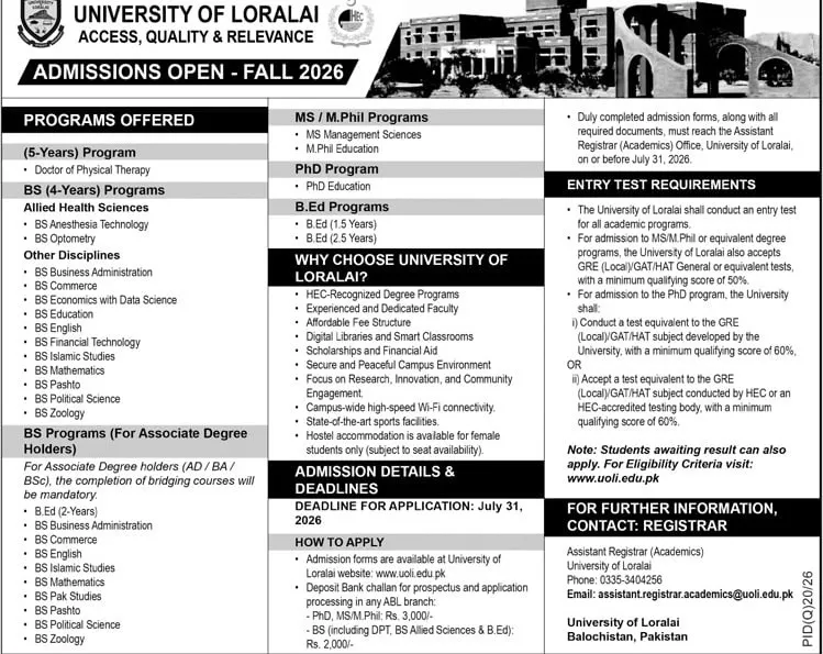 University Of Loralai Admission 2026