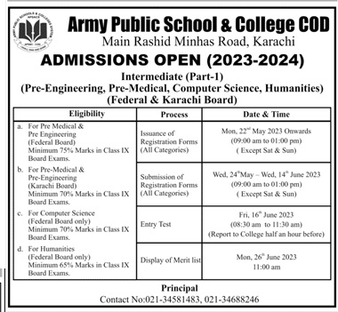 Army Public School APS Karachi Admission 2025