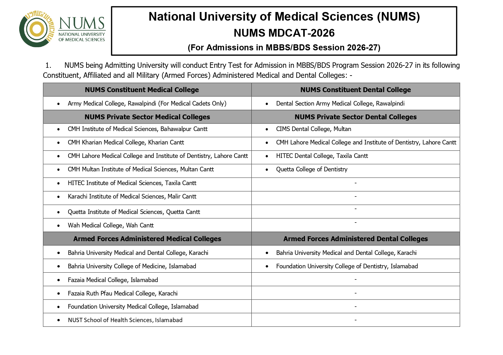NUMS Registration 2026