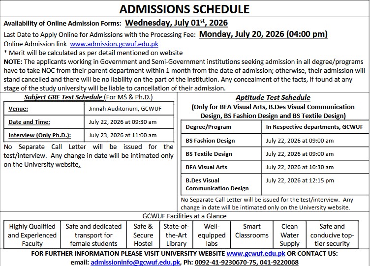 Government College Women University Faisalabad Admission 2026