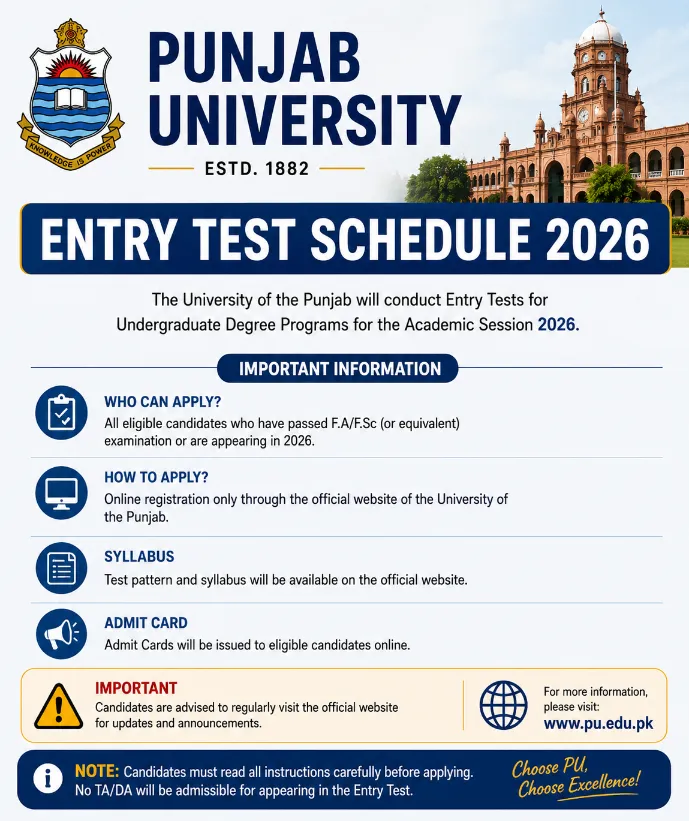 Punjab University Entry Test Schedule 2026
