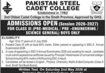 Pakistan Steel Cadet College Admission 2026 Pakistan Steel Cadet College Admission 2026