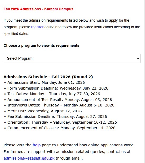SZABIST Admission 2026