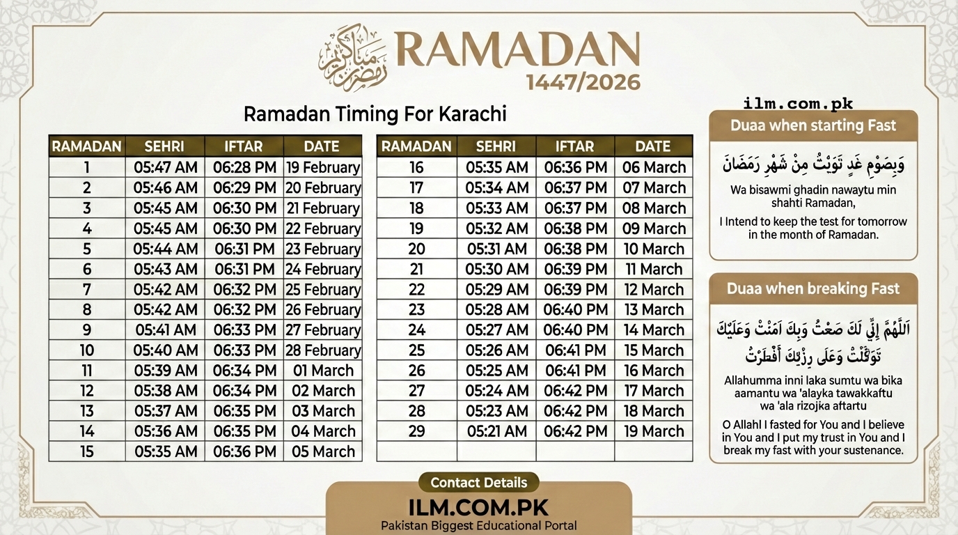 Ramadan Calendar 2026 Karachi